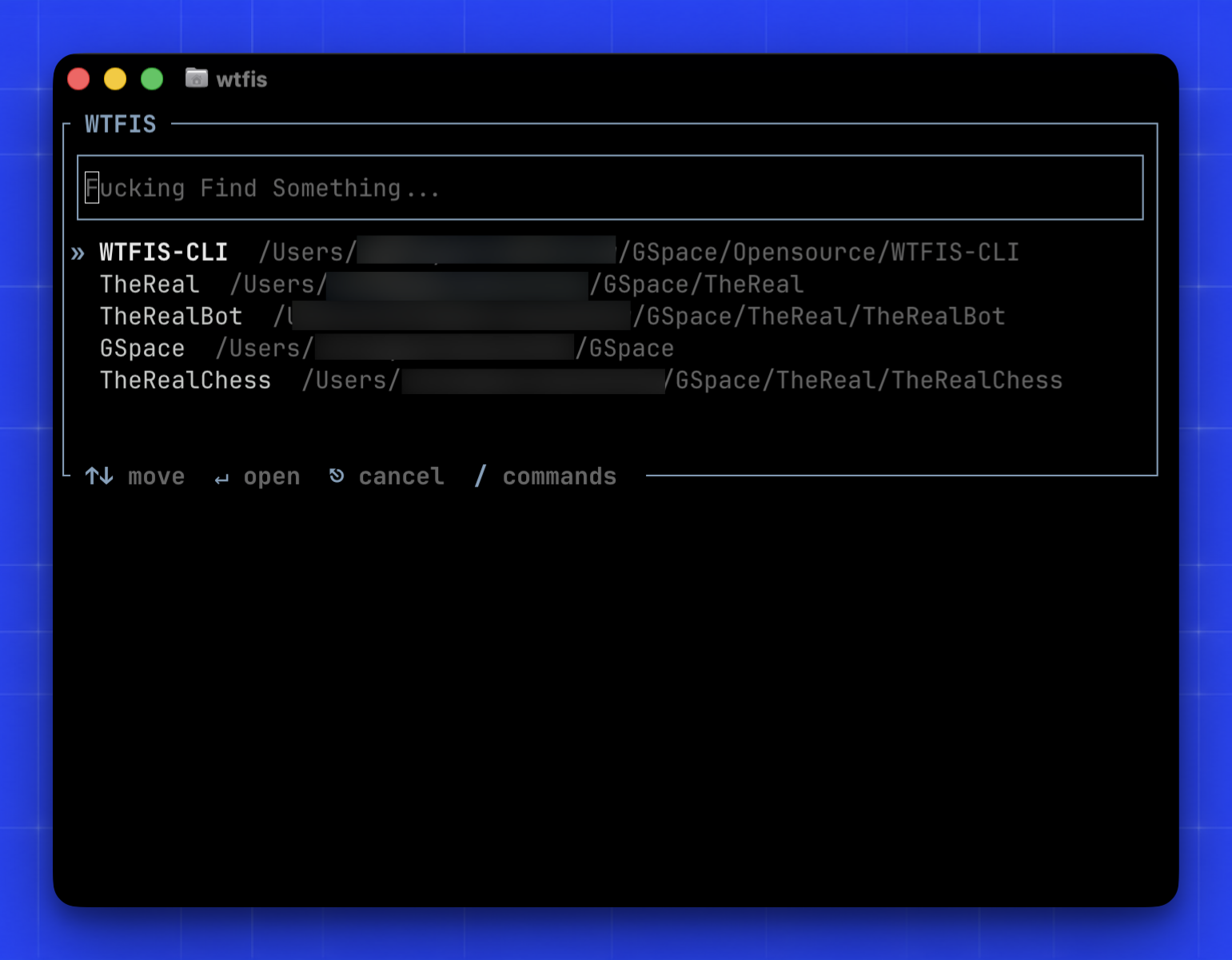 WTFIS terminal interface listing matched directories